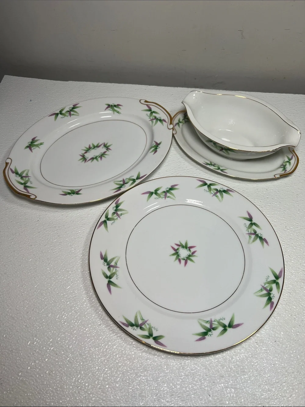 Vtg Harmony House Green Purple Bamboo Mandarin Plate Platter Gravy Boat Japan
